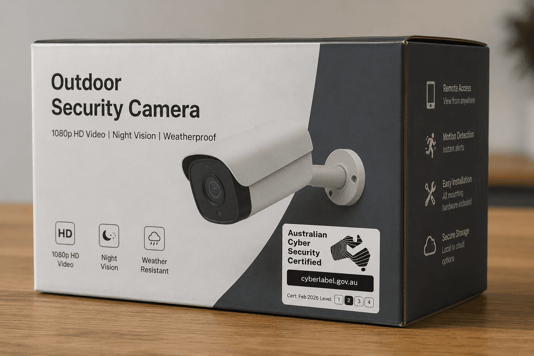 Security camera packaging with cyber security label
